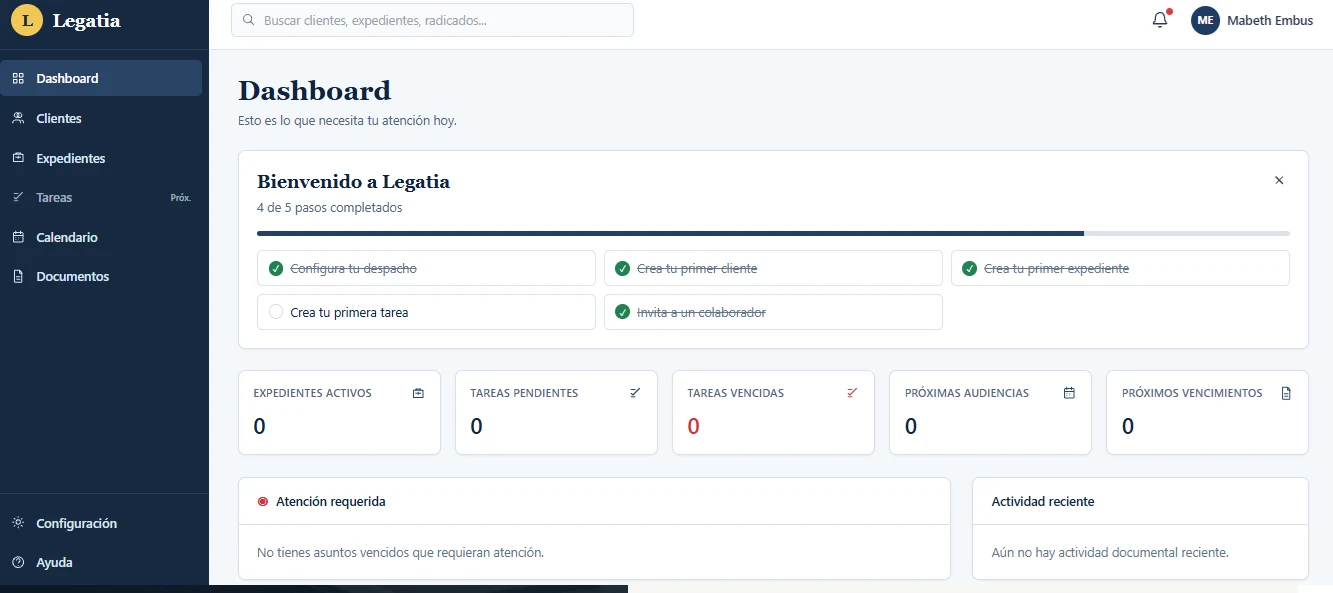 Panel de gestión jurídica de Legatia